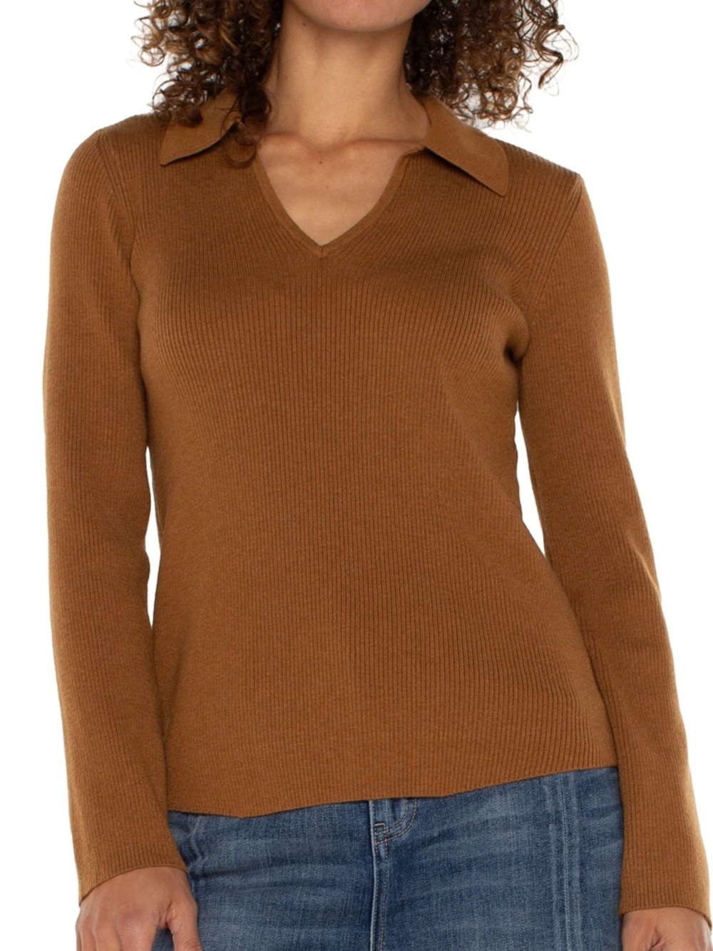 Liverpool Los Angeles NWT Wool Blend Rib-Knit Tumeric Collared Sweater